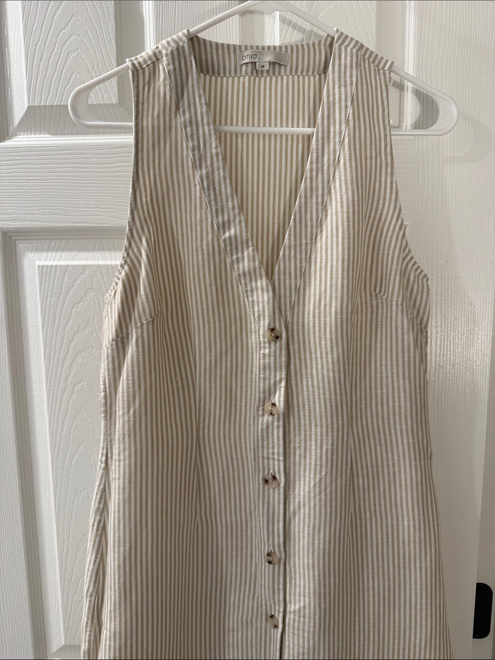 Onia Air Linen Beige and White Striped Stretch Linen Buttondown Maxi Dress Size
